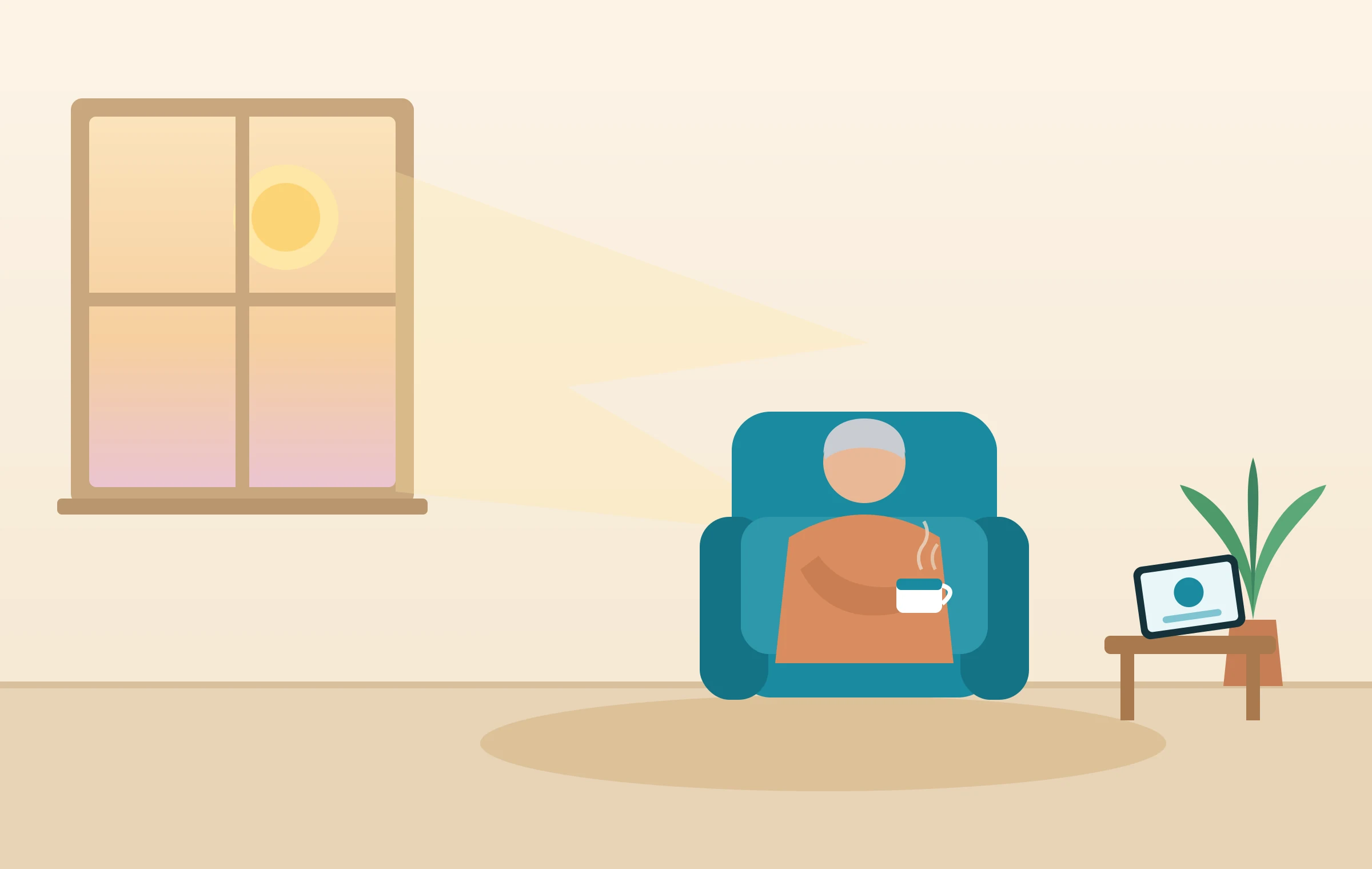 A calm illustration of an older adult sitting in a comfortable armchair in the morning light, holding a warm cup, with soft sunlight coming through the window and a tablet showing a quiet brain-training session on a side table nearby.